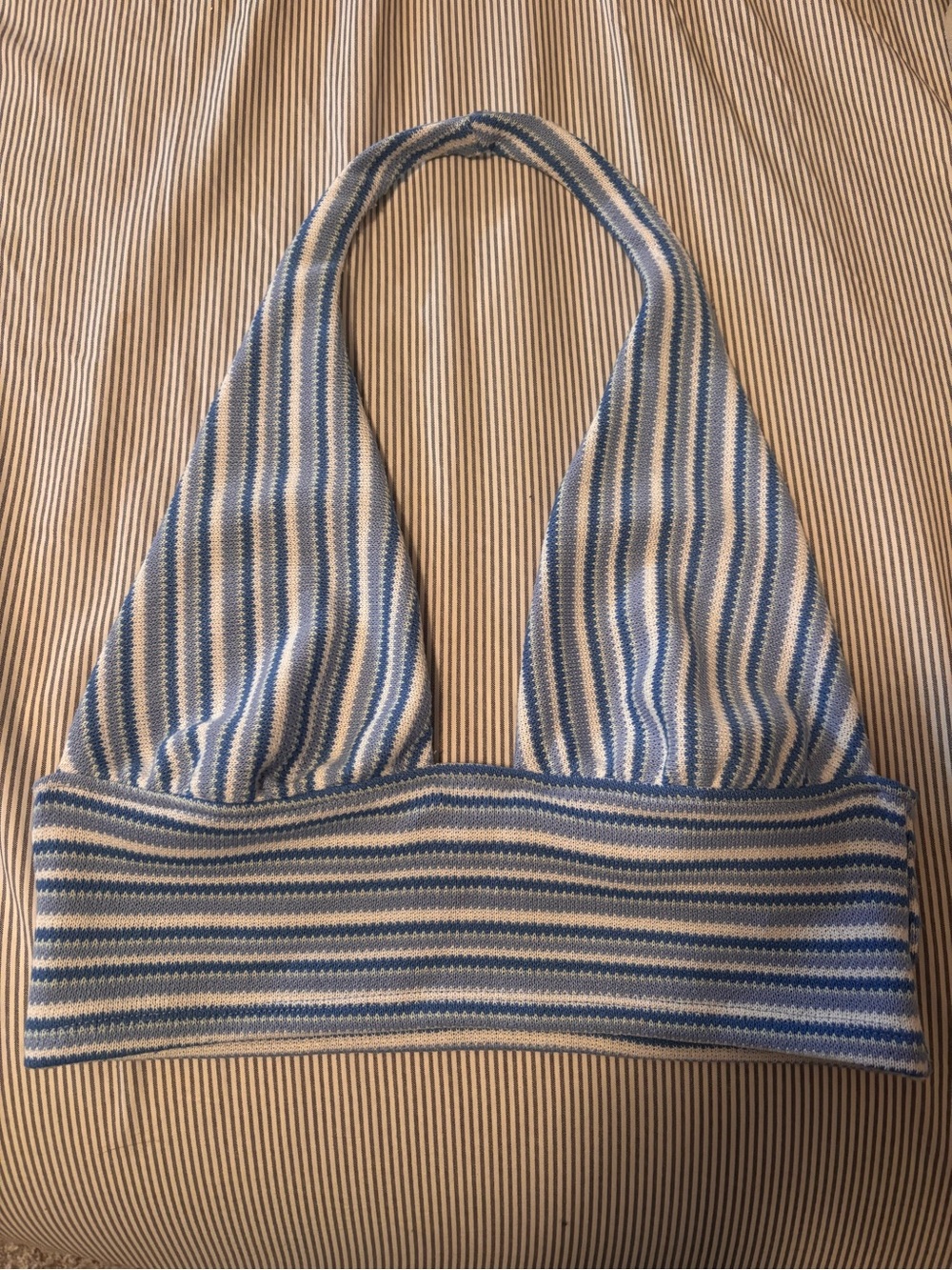 H&M Blue and White Striped Ribbed Halter Crop Top